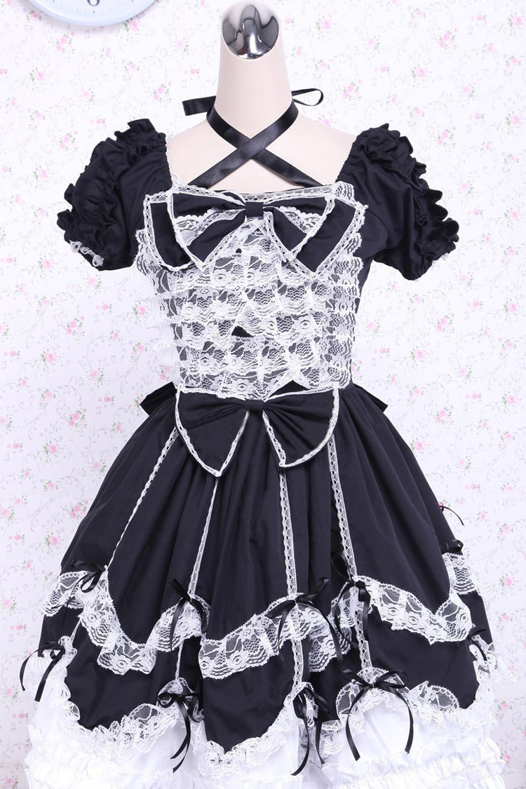 Black/White Cotton Square Collar Lace Trim Gothic Lolita Dress