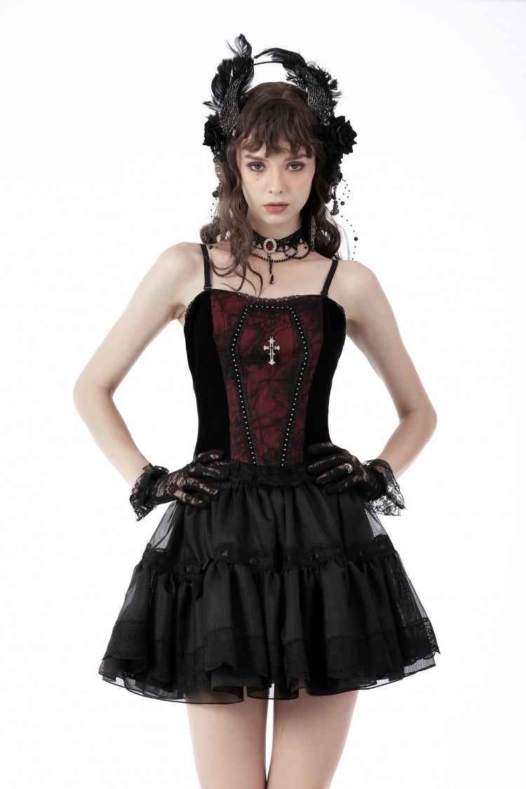 Dark Red Cross Shoulder Straps Jacquard Lace-Up Women's Gothic Overbust Corset