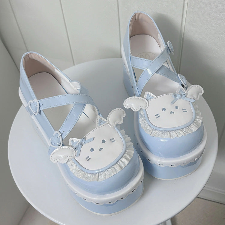 Cat Design Ruffled Cross Strap Round-Toe Daily Sweet Lolita Platform Shoes 4 Colors