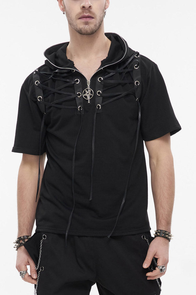 Black Punk Short Sleeve Metal Zipper Lace-Up Knit Loose Casual Hooded Men's T-Shirt