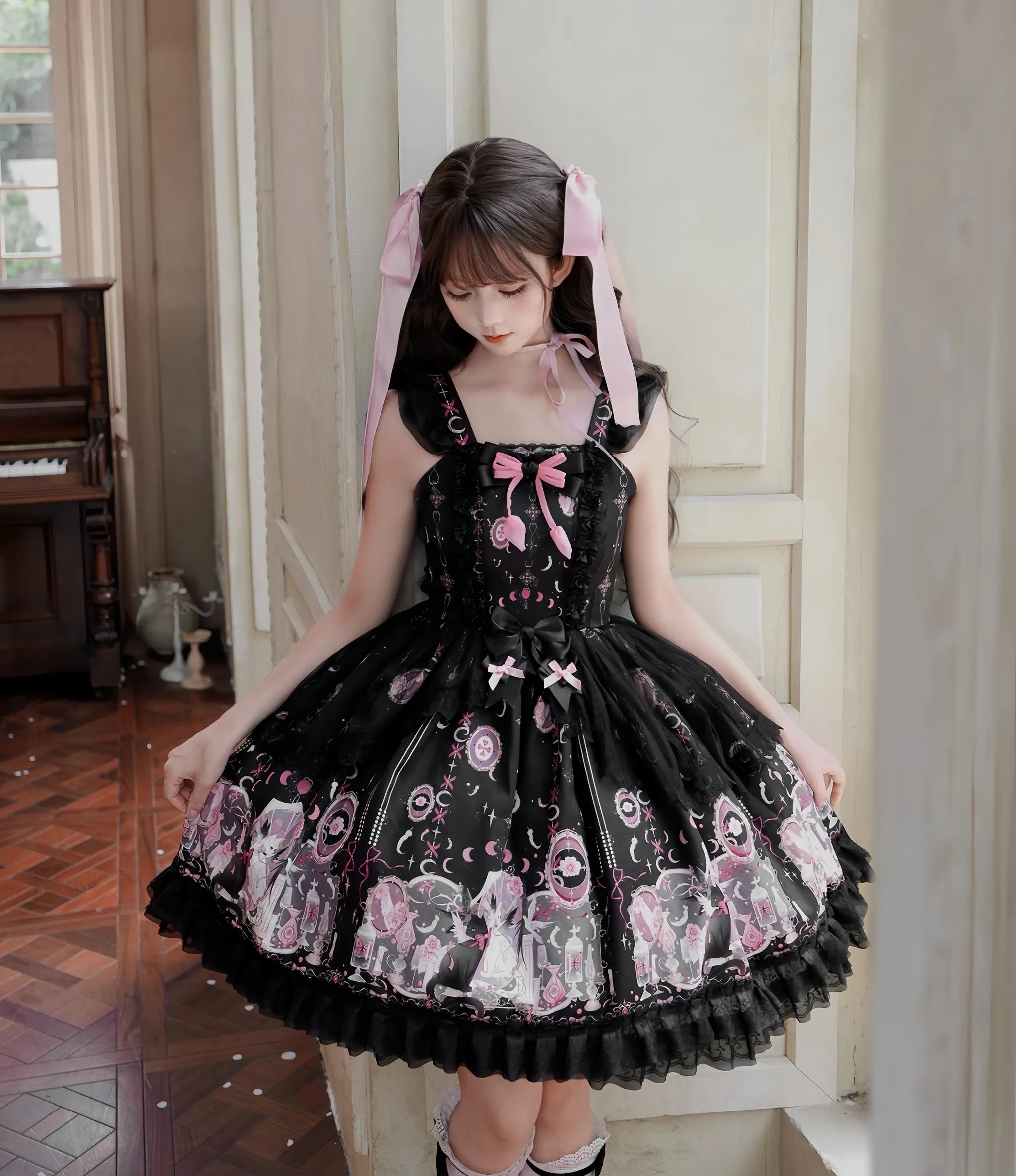 Lunar Cat Crown - Sweet Lolita Black JSK Dress, Angel Cat and Moon Print