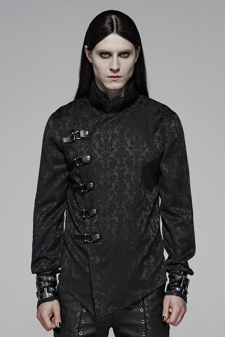 Black Stand Collar Long Sleeves Print Buckle Men's Punk Blouse