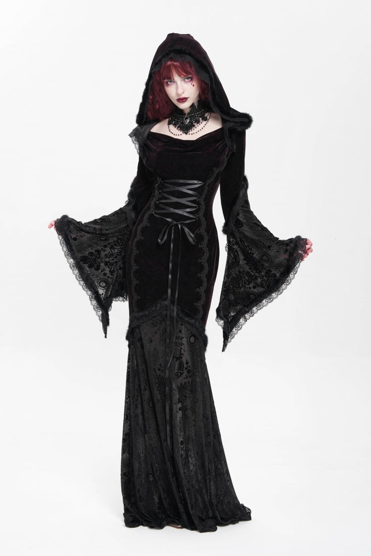 Black/Red Long Trumpet Sleeves Embroidery Stitching Lace Hooded Mesh Women's Gothic Dress