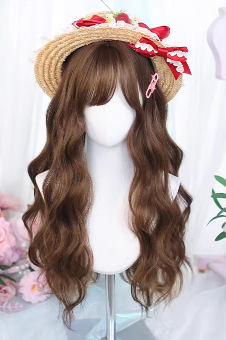 Warm Brown Japanese Style Wavy Daily Sweet Lolita Wig with Light Airy Bangs