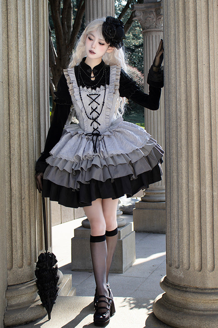 Black/Grey Witch Long Sleeves Gradient Multi-Layered Ruffle Bowknot Lace Gothic Chinese Style Lolita Dress