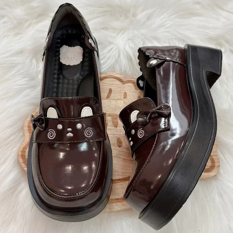Preppy Style Square-Toe JK Lolita Leather Shoes with Raccoon Print 2 Colors