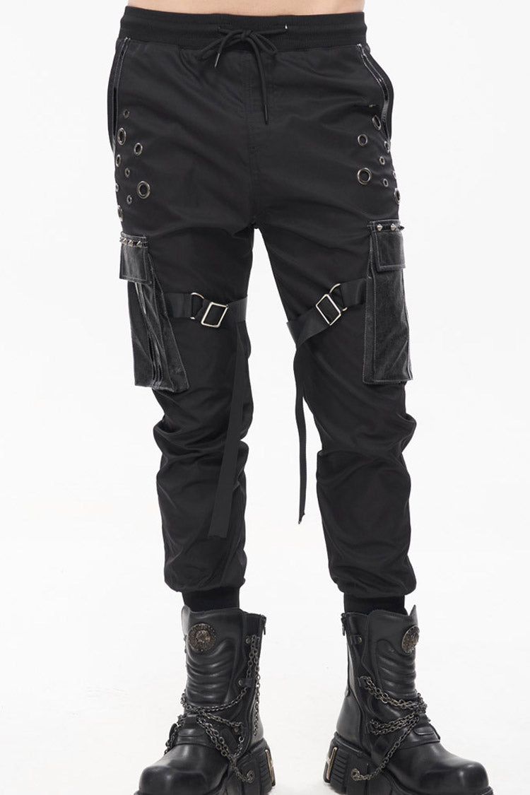 Black Punk Multi-Pocket Leather Splicing Metal Leg Ring Men's Pants