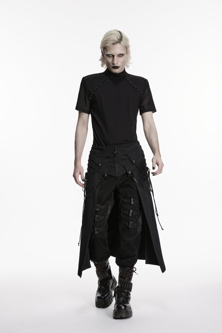 Black Printed Lace-Up Zippered Chain-Decorated Men's Punk Skirt