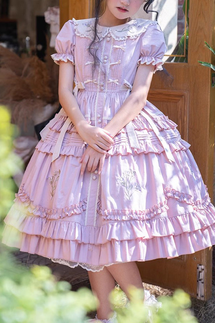 Pink Doll Collar Short Sleeves Iris Poem Print Ruffle Embroidery Sweet Lolita Dress