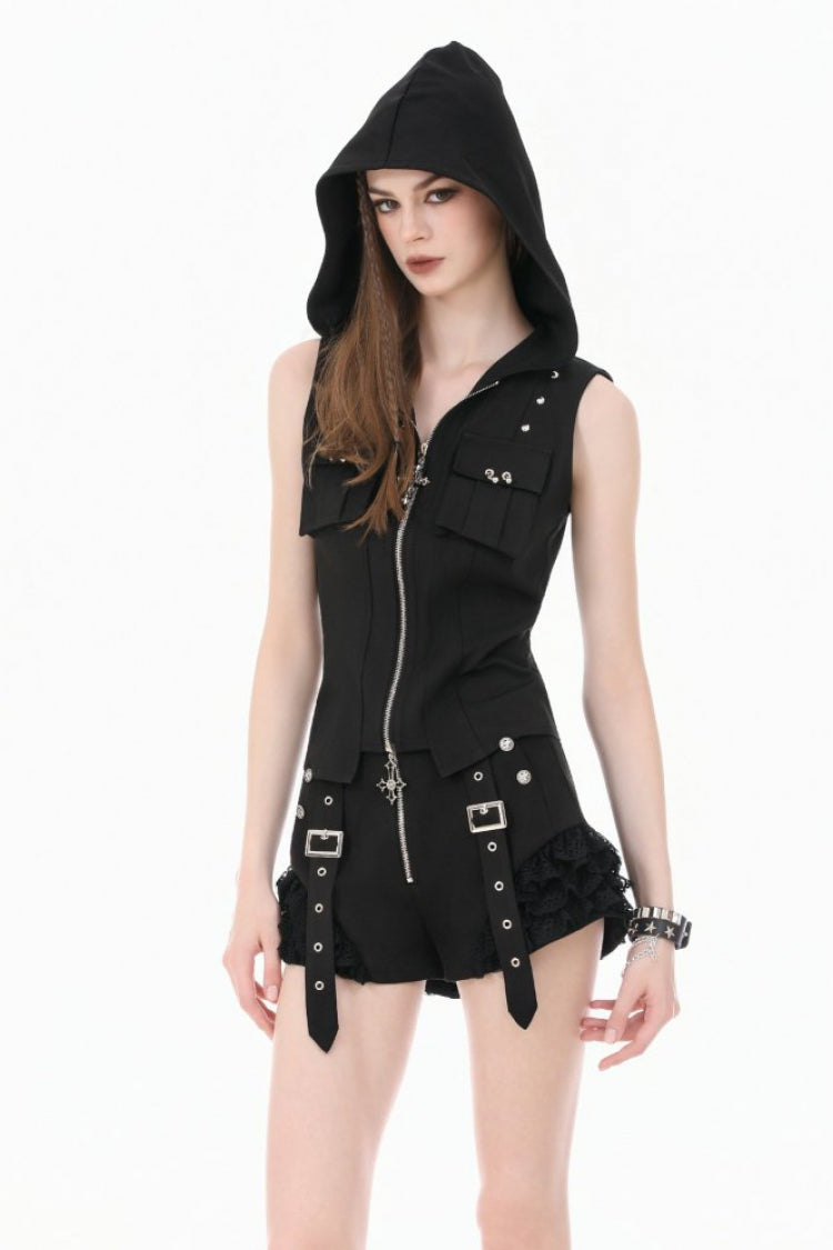 Black Sleeveless Studded Zippered Women's Punk Hooded Vest