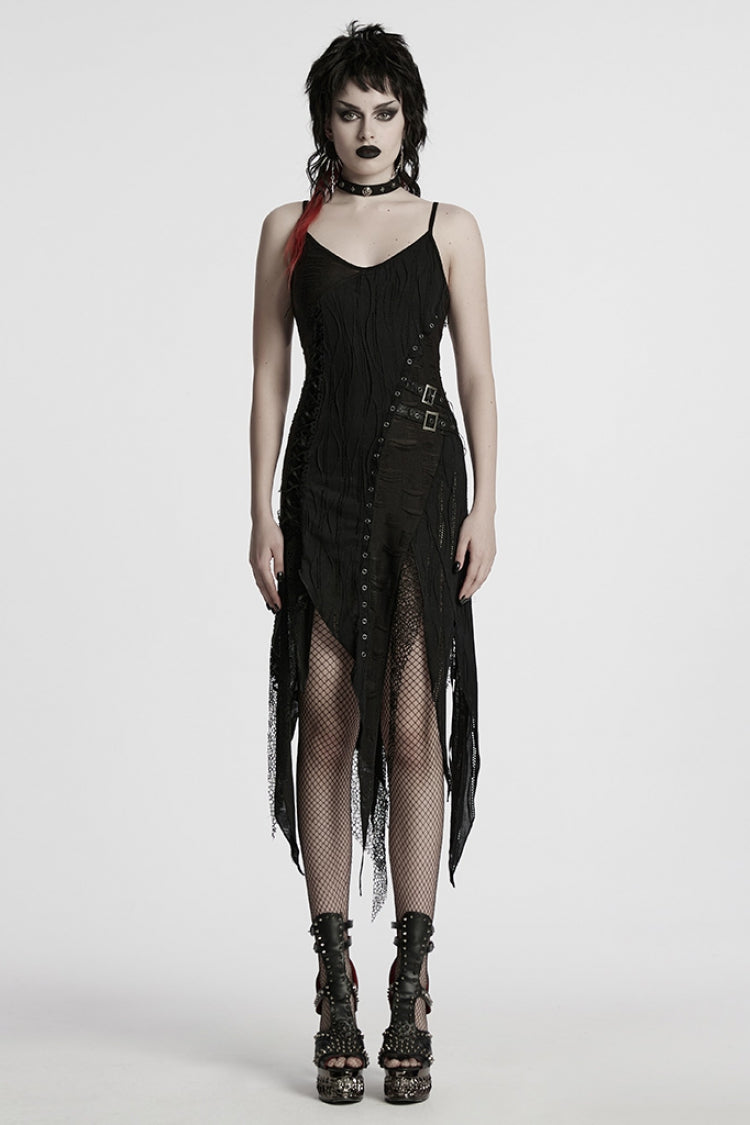 Black Sleeveless Lace Irregular Ripped Women's Gothic Party Slip Dress