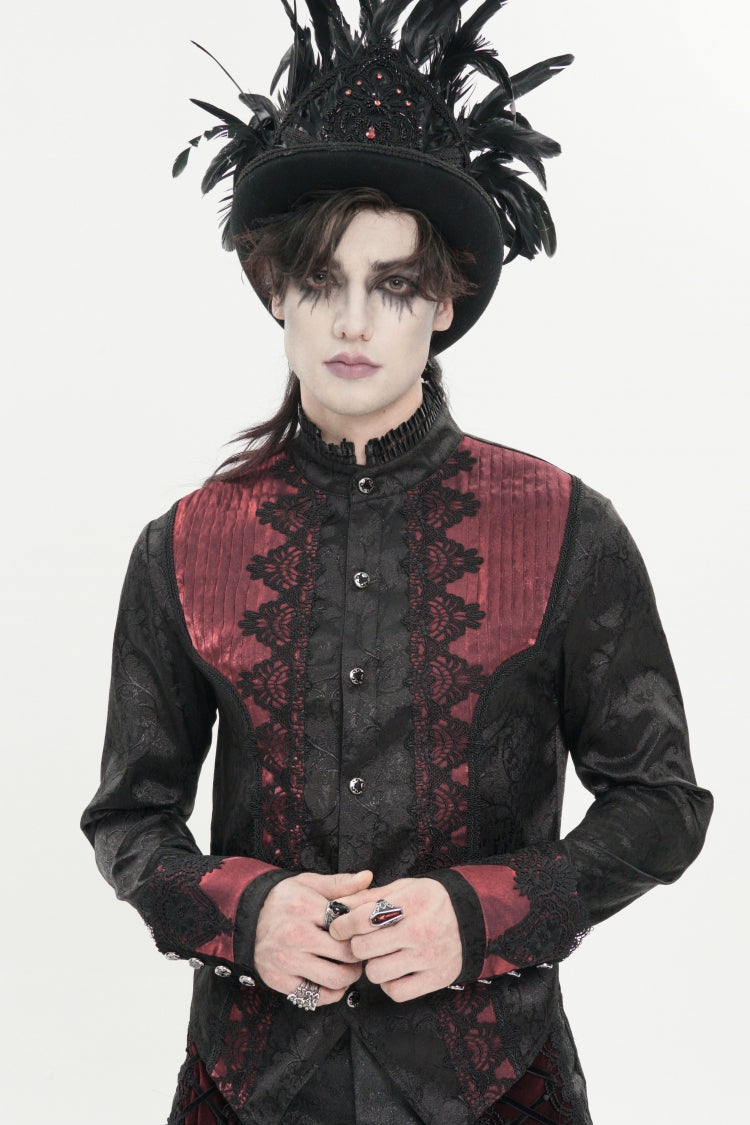 Red Stand Collar Long Sleeves Jacquard Embroidered Bow Lace Men's Gothic Palace Shirt
