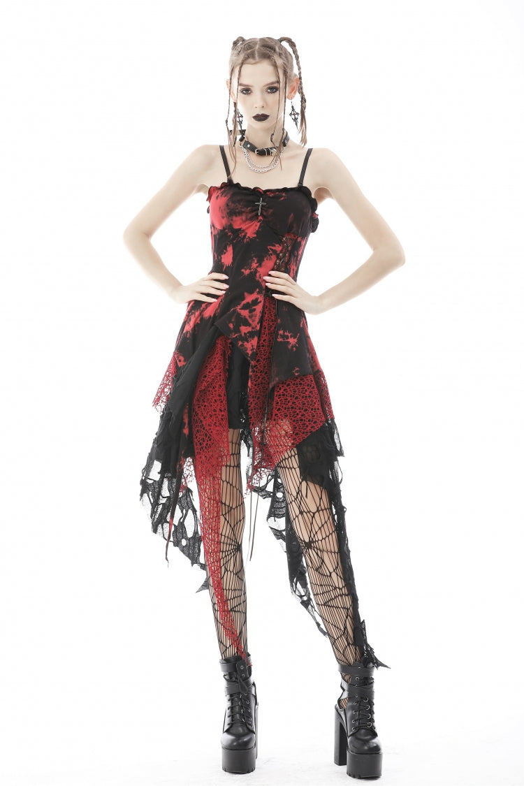 Black/Red Irregular Tie-dyed Patchwork Women's Punk Slip Dress