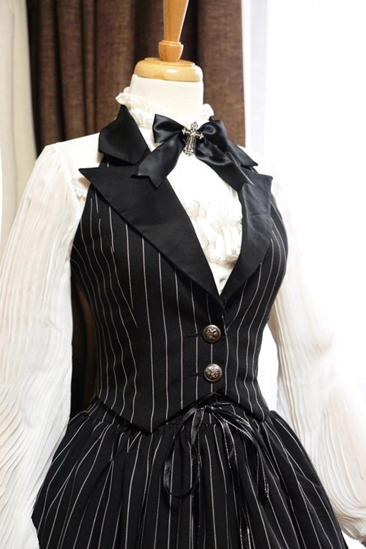 Black V Collar Stripe Print Classic College Style Elegant Lolita Vest