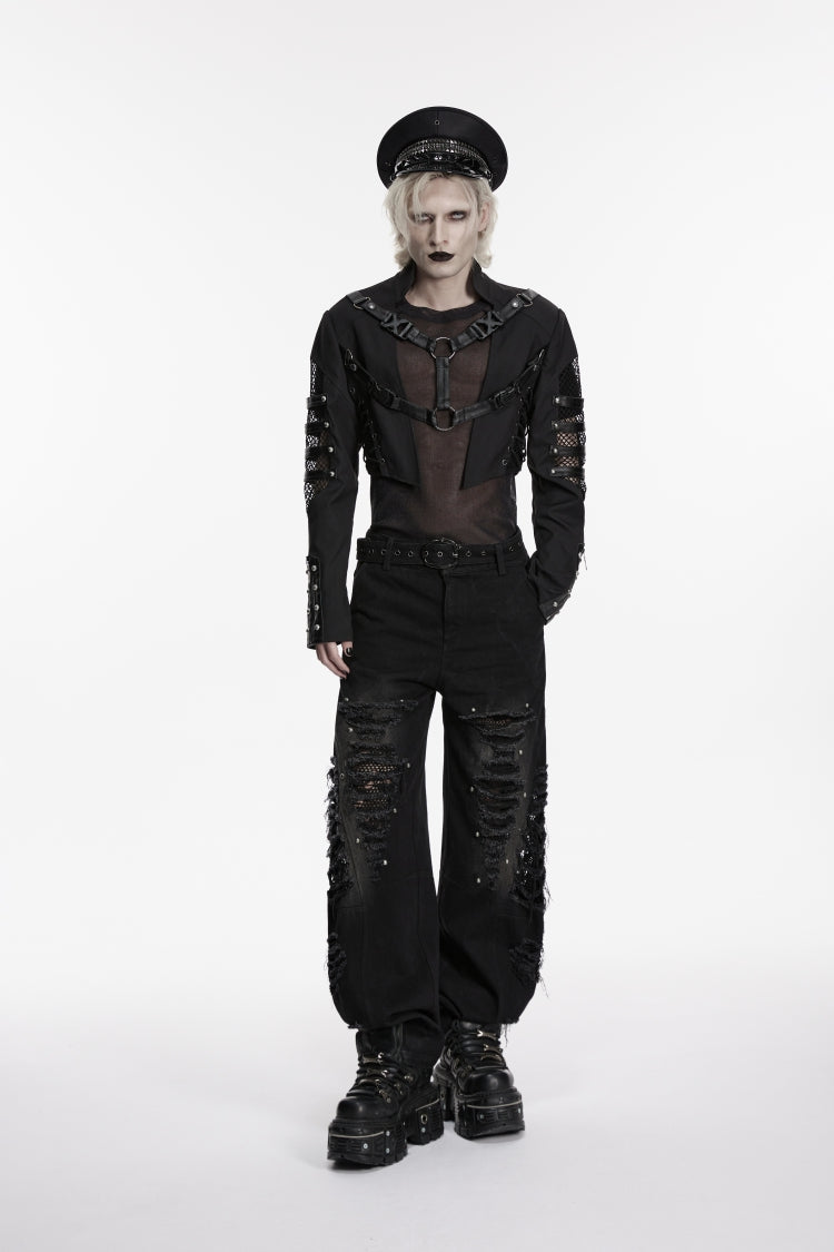 Black Stand Collar Long Sleeves Spliced Lace-Up Mesh Studded Buckled Eyelet Men's Punk Jacket