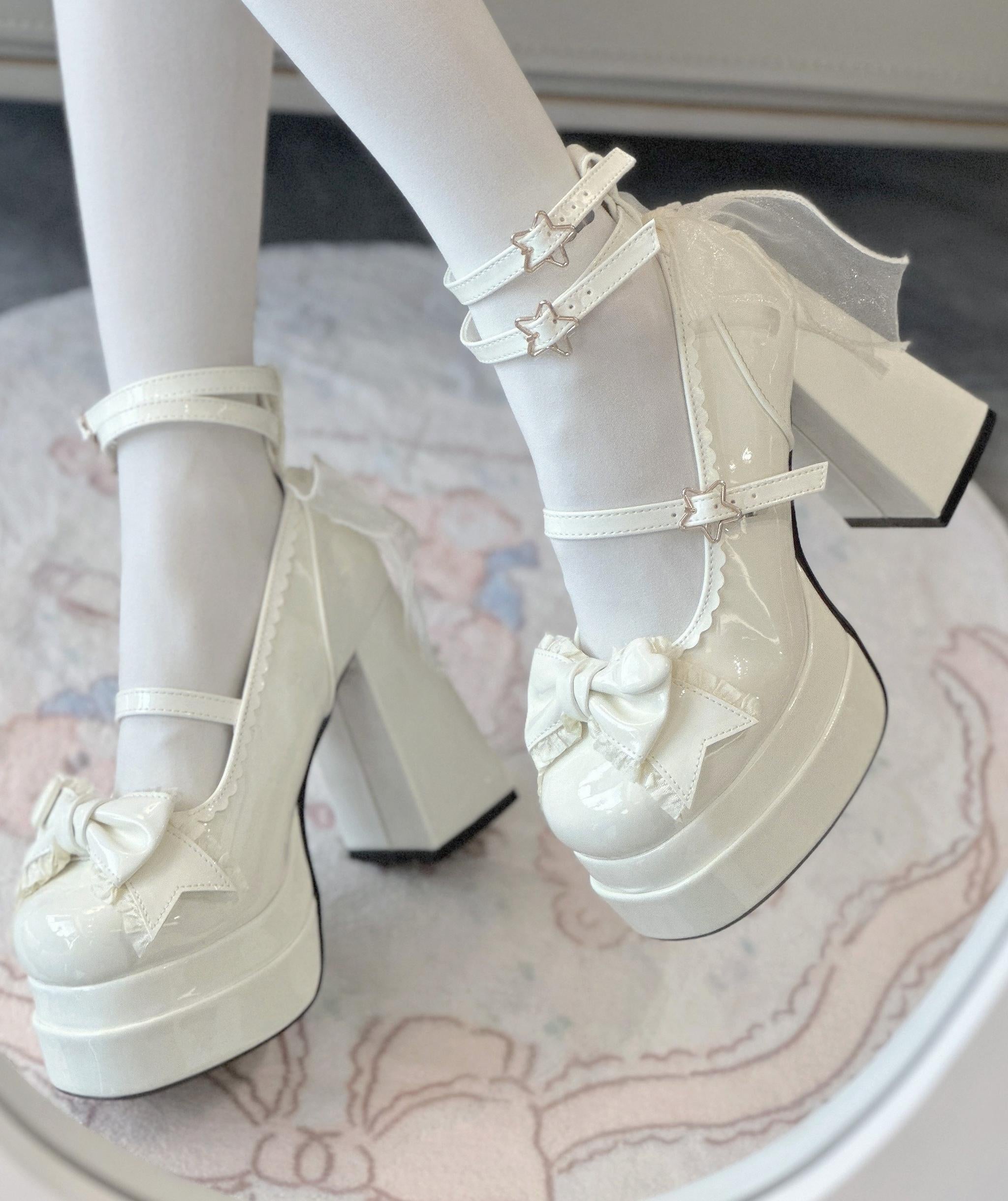 Puff Party - Elegant Lolita Chunky Heel Shoes, Bow & Straps