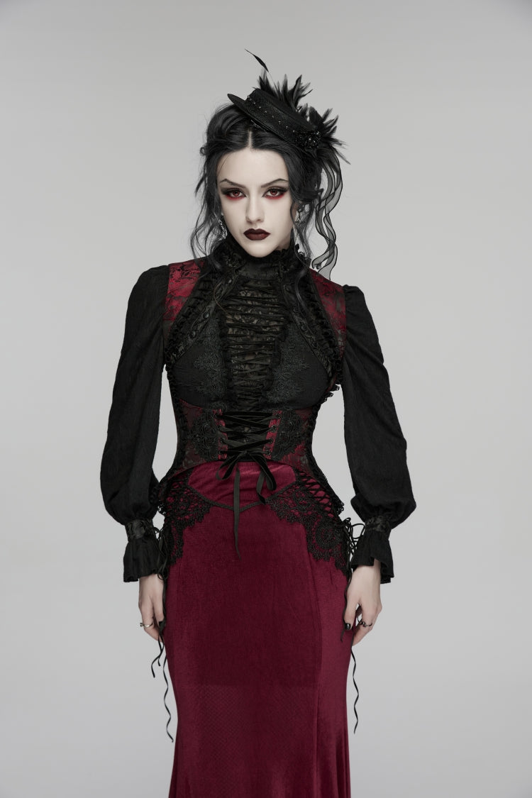 Black/Red Jacquard Embroidered Lace Lace-Up Slim Women's Gothic Vest