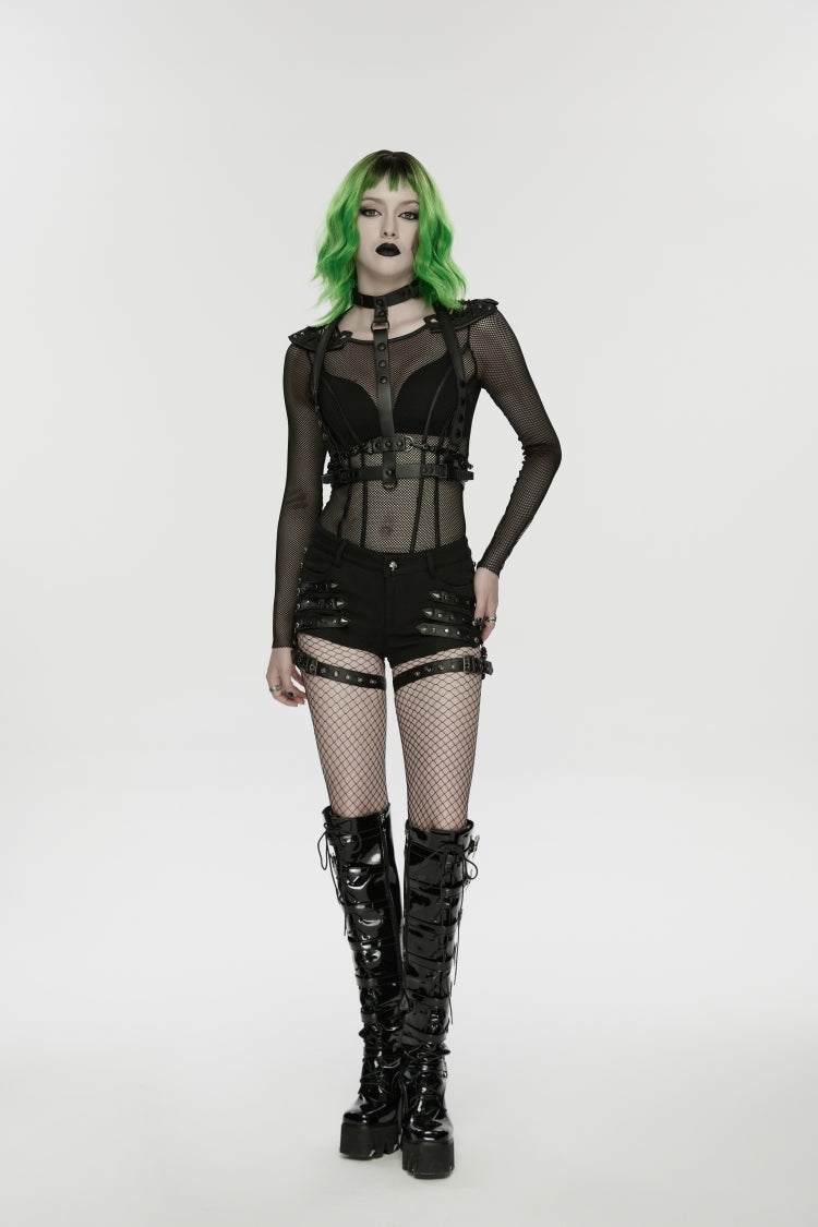 Black Studded Women's Punk Shorts with Detachable Leg Harnesses