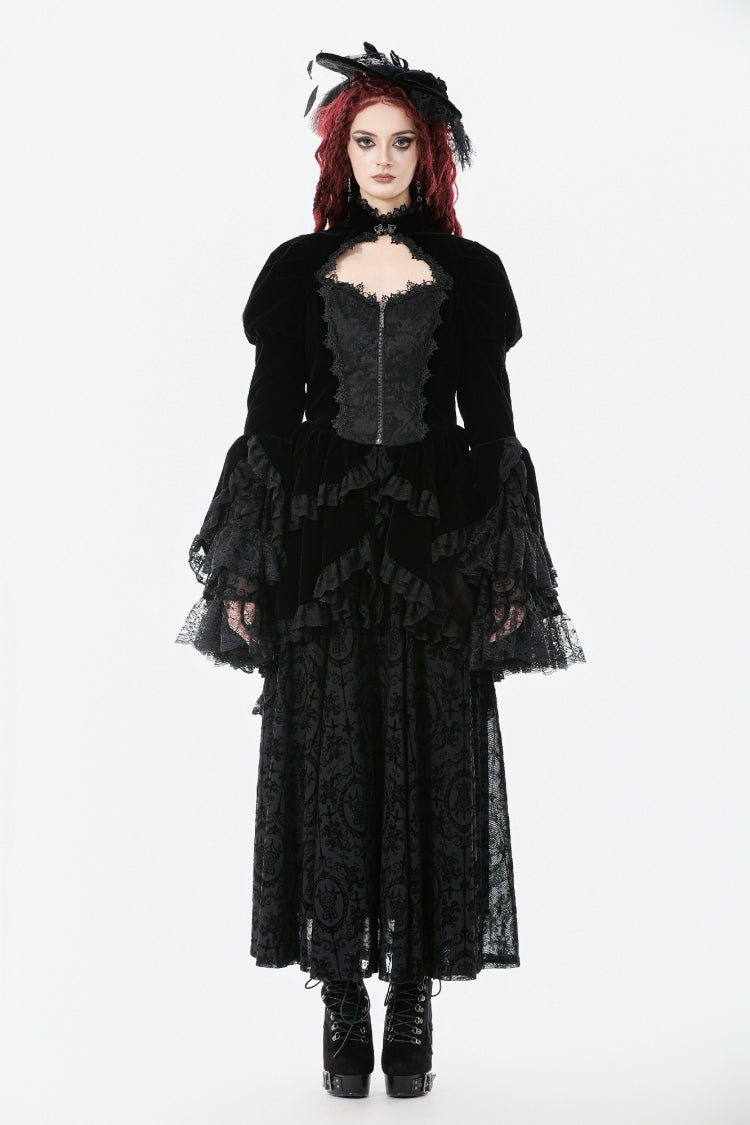 Black Long Puff Sleeves Multi-Layered Ruffled Lace Hem High Low Women's Gothic Coatlet