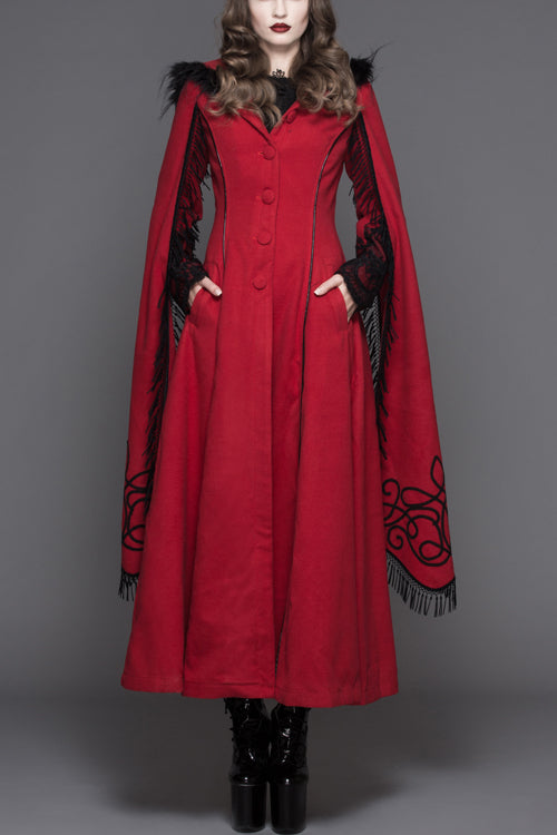 Red Winter Hand Embroidered Shawl Double Sided Long Womens Gothic Coat