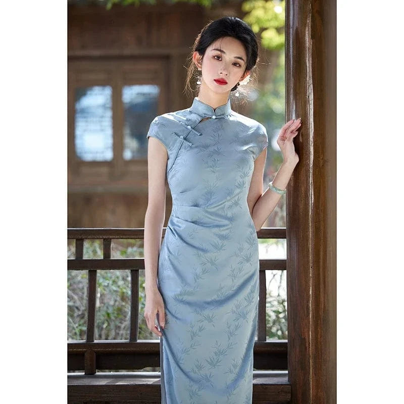 Aslinhanfu Bamboo leaf pattern, light blue midi Cheongsam