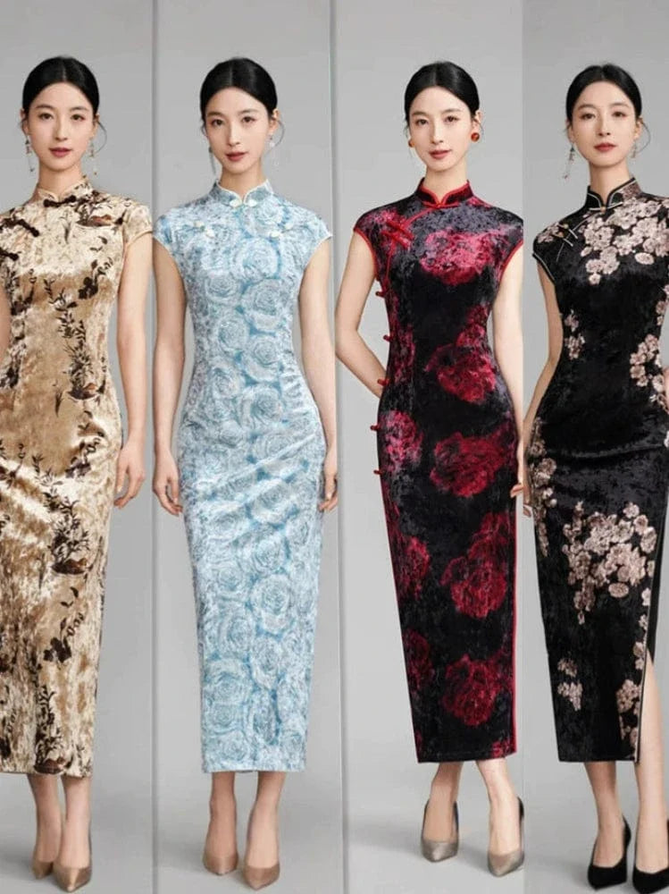 Aslinhanfu Floral pattern, velvet long Cheongsam with raglan sleeves
