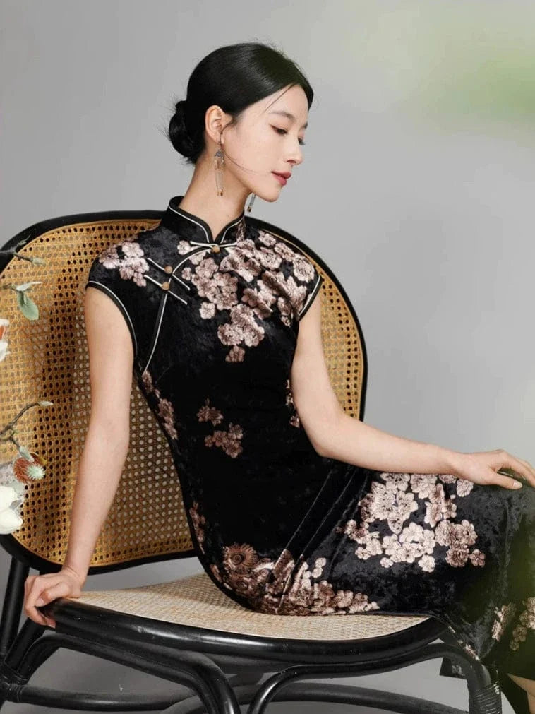 Aslinhanfu Floral pattern, velvet long Cheongsam with raglan sleeves