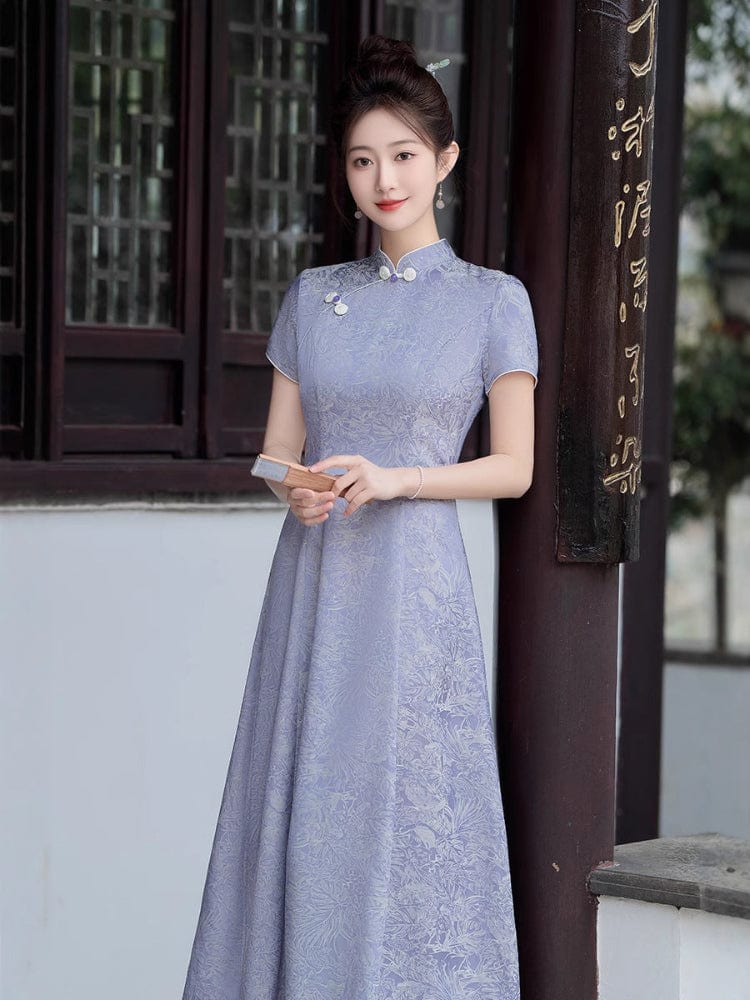 Aslinhanfu Floral pattern, purple&white midi Cheongsam