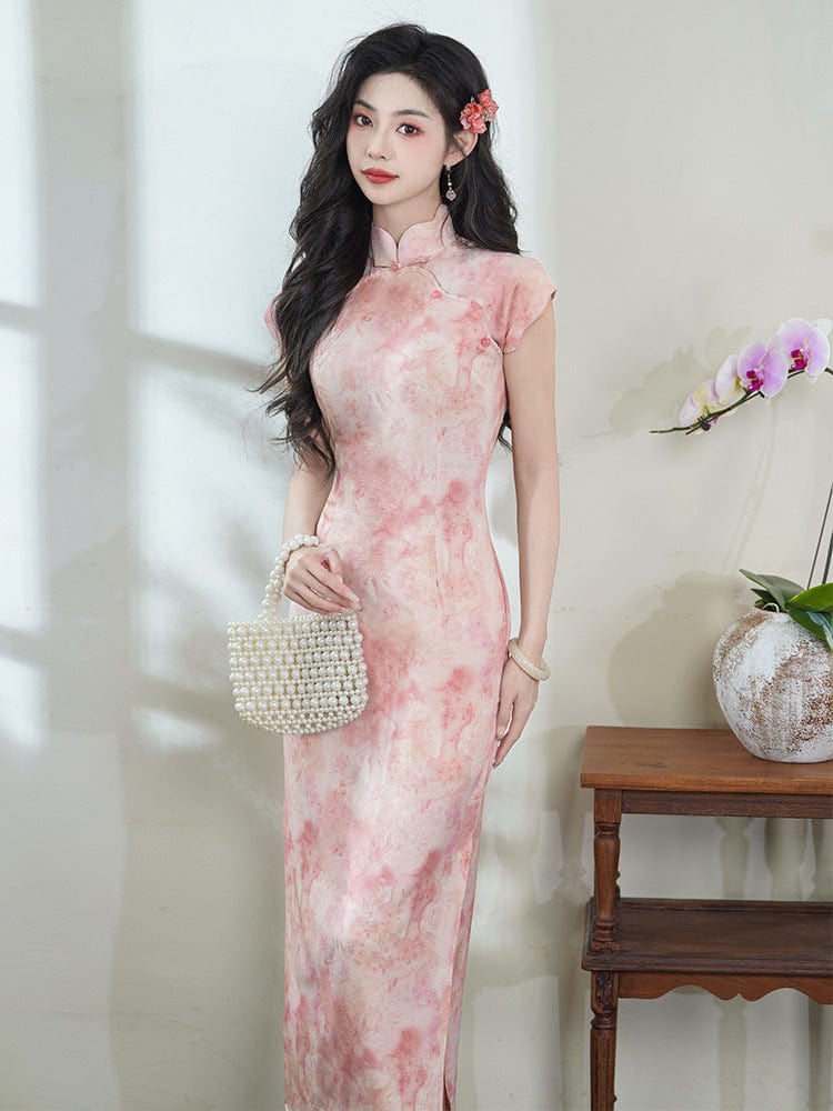 Aslinhanfu Summer collection, ramie fabric, floral long Cheongsam