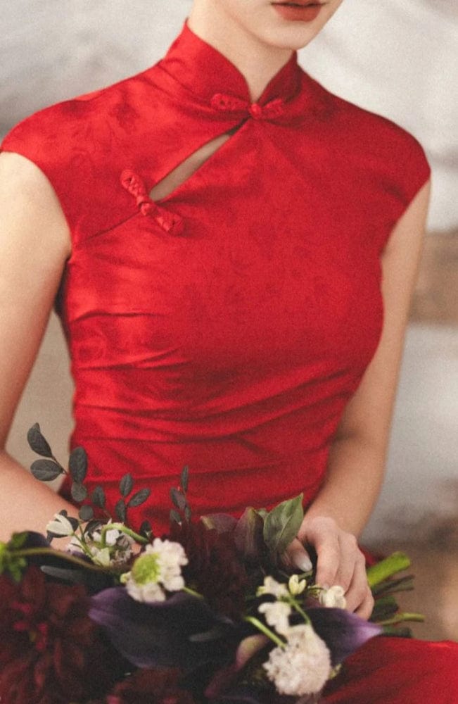 Aslinhanfu New Chinese style (新中式), floral pattern, long red Cheongsam