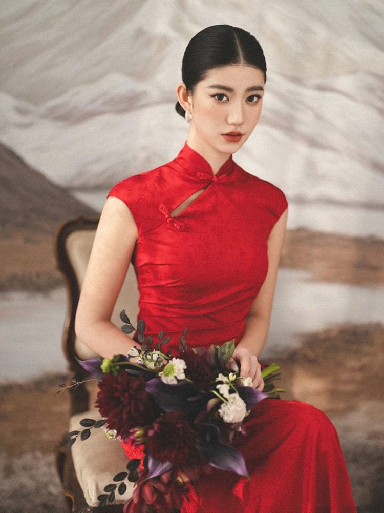 Aslinhanfu New Chinese style (新中式), floral pattern, long red Cheongsam