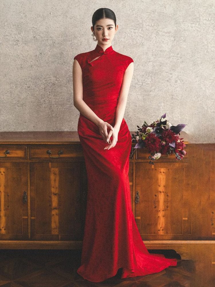 Aslinhanfu New Chinese style (新中式), floral pattern, long red Cheongsam