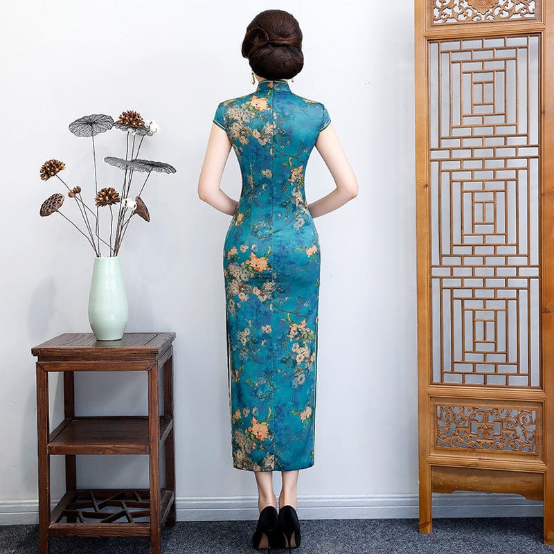 Aslinhafnu Floral pattern, plus size, blue&green long Cheongsam