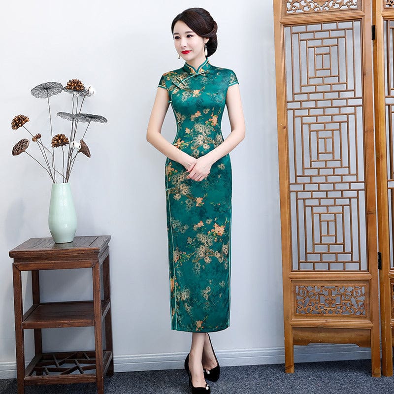 Aslinhafnu Floral pattern, plus size, blue&green long Cheongsam
