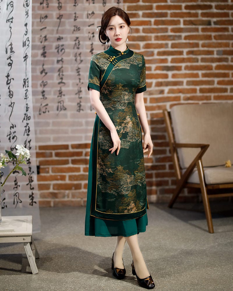 Aslin Hanfu Qipao Old Shanghai style, plus size, red&green long Ao dai