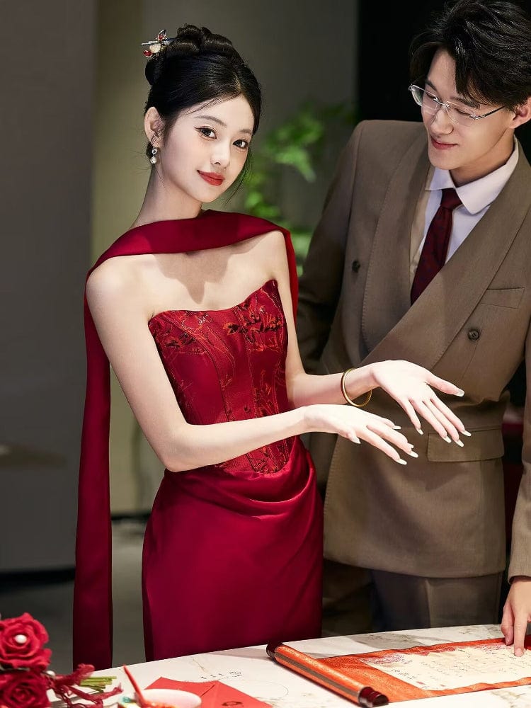 Aslinhanfu Tube top, New Chinese style (新中式), floral floor length Cheongsam