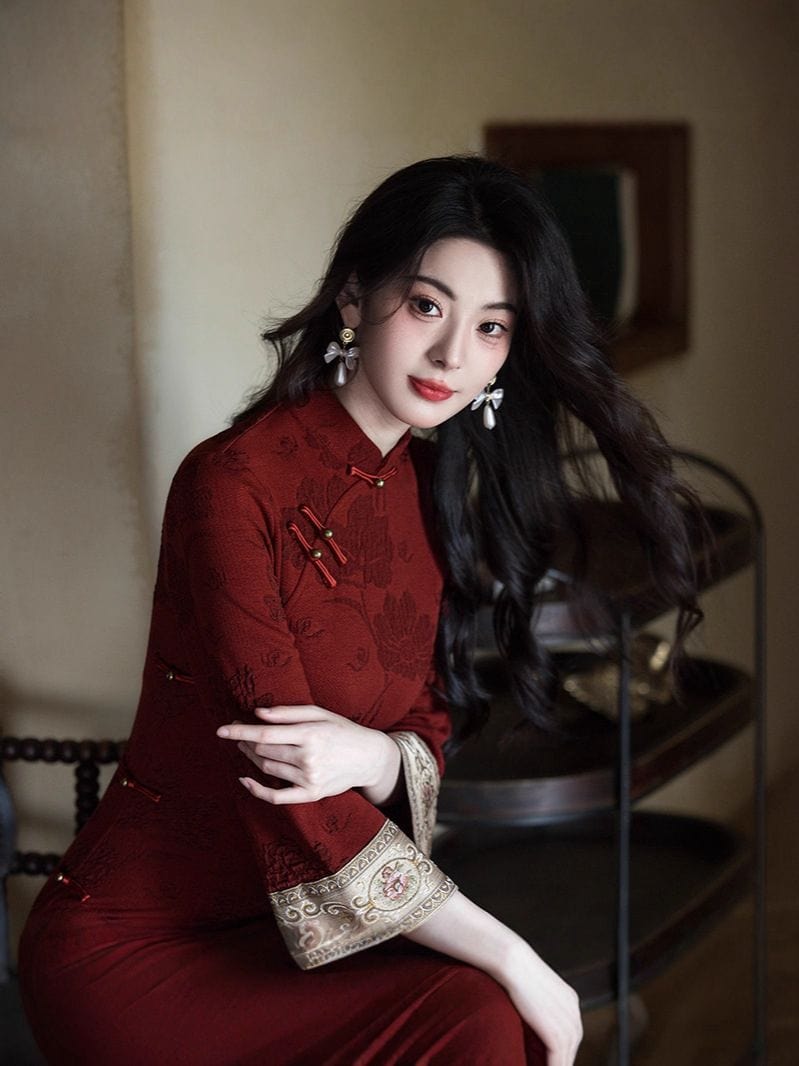Floral pattern, cotton red long Cheongsam