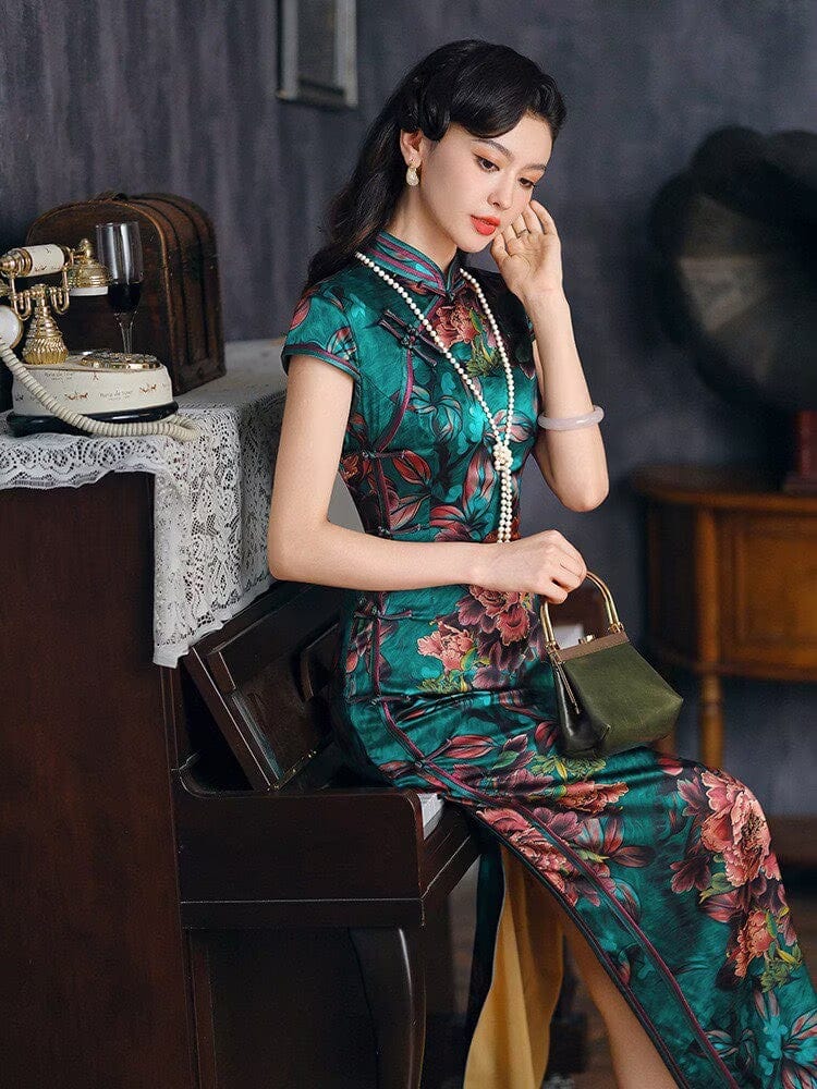 Aslinhanfu Old Shanghai style, 19 mome mulberry silk, high-end green long Cheongsam