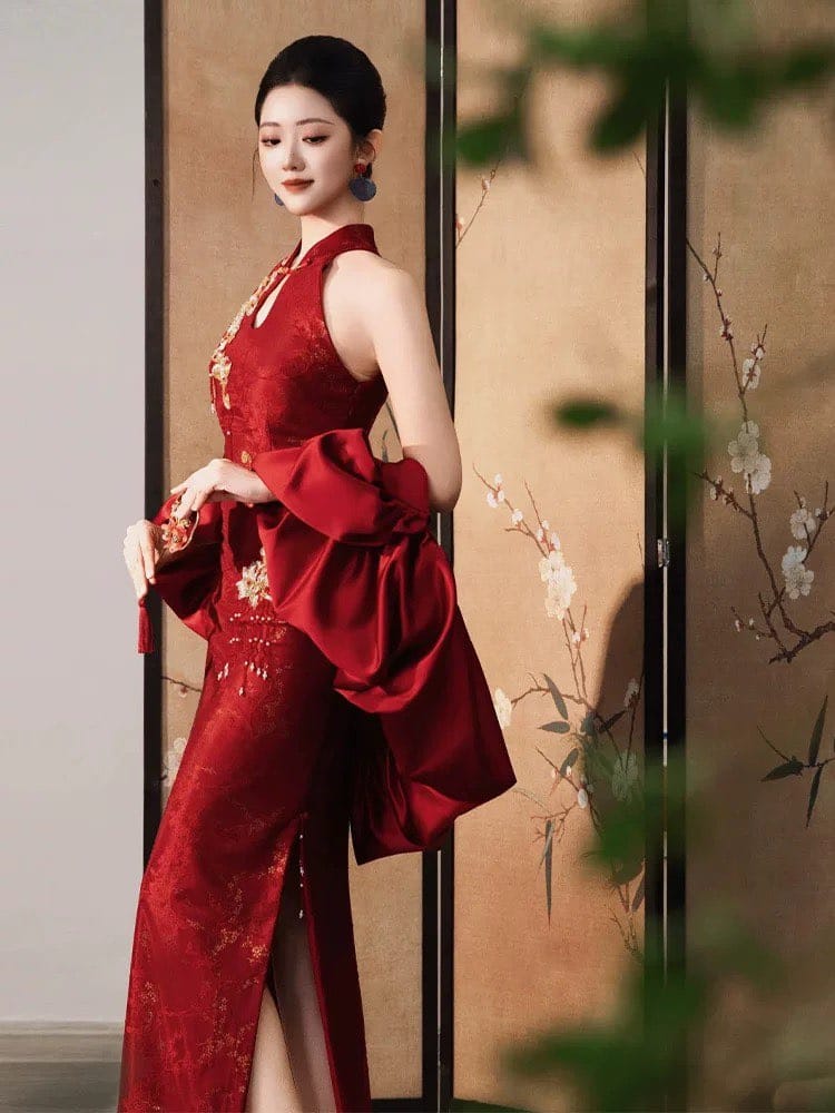 Aslinhanfu Backless, New Chinese style (新中式), wine red long Cheongsam