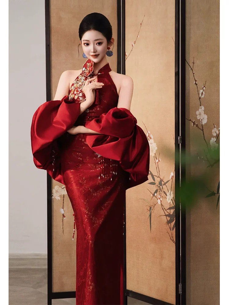 Aslinhanfu Backless, New Chinese style (新中式), wine red long Cheongsam
