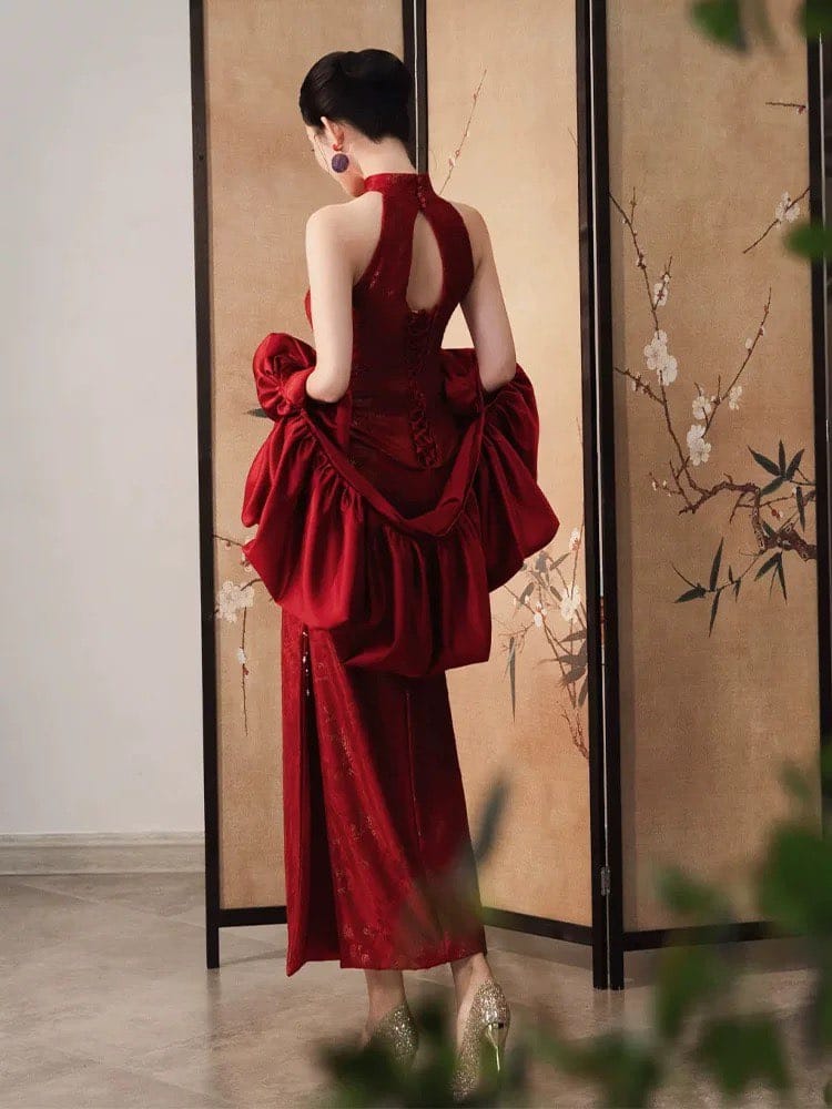 Aslinhanfu Backless, New Chinese style (新中式), wine red long Cheongsam