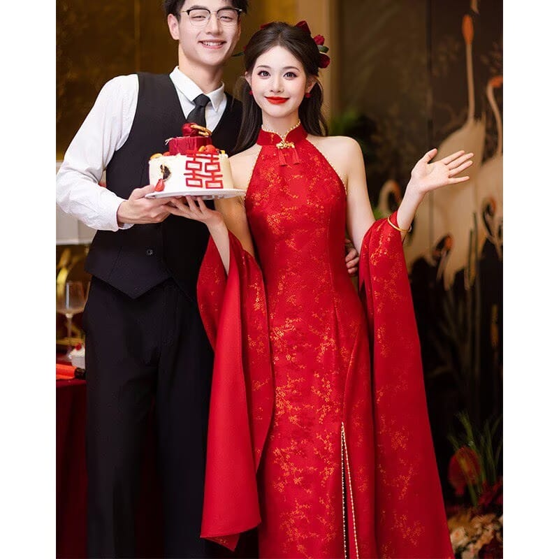 Aslinhanfu New Chinese style (新中式), jacquard red midi Cheongsam