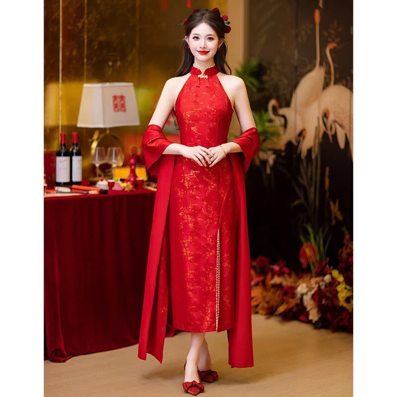 Aslinhanfu New Chinese style (新中式), jacquard red midi Cheongsam
