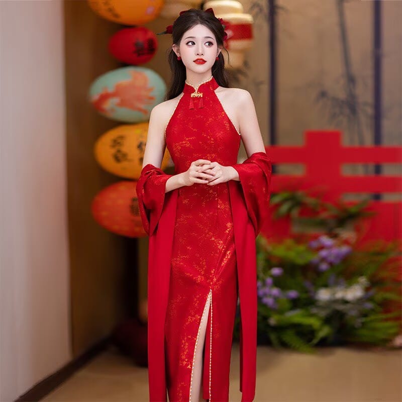 Aslinhanfu New Chinese style (新中式), jacquard red midi Cheongsam
