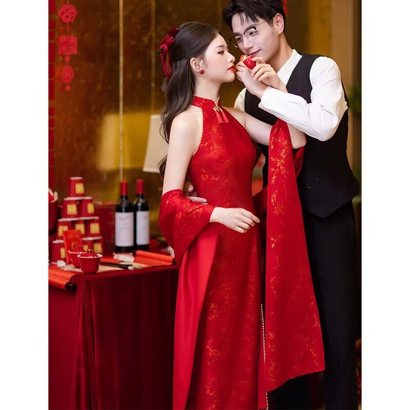 Aslinhanfu New Chinese style (新中式), jacquard red midi Cheongsam