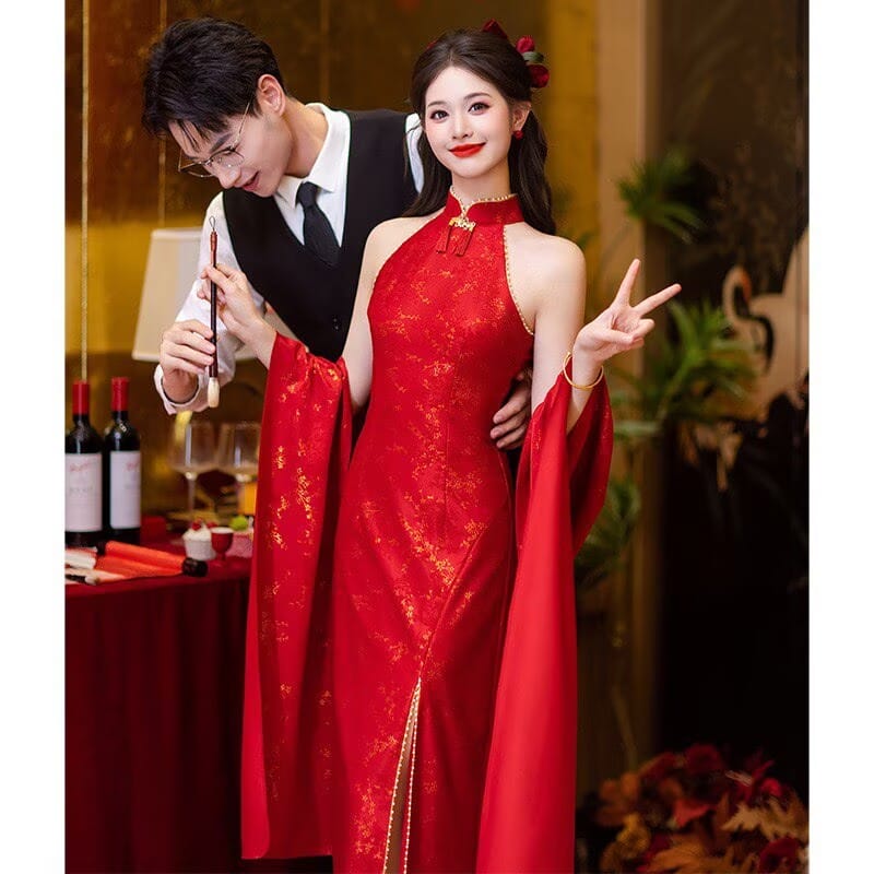 Aslinhanfu New Chinese style (新中式), jacquard red midi Cheongsam