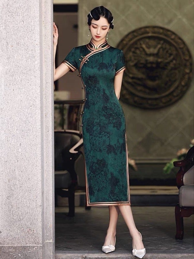 Aslinhanfu Floral pattern, acetate fabric long Qipao
