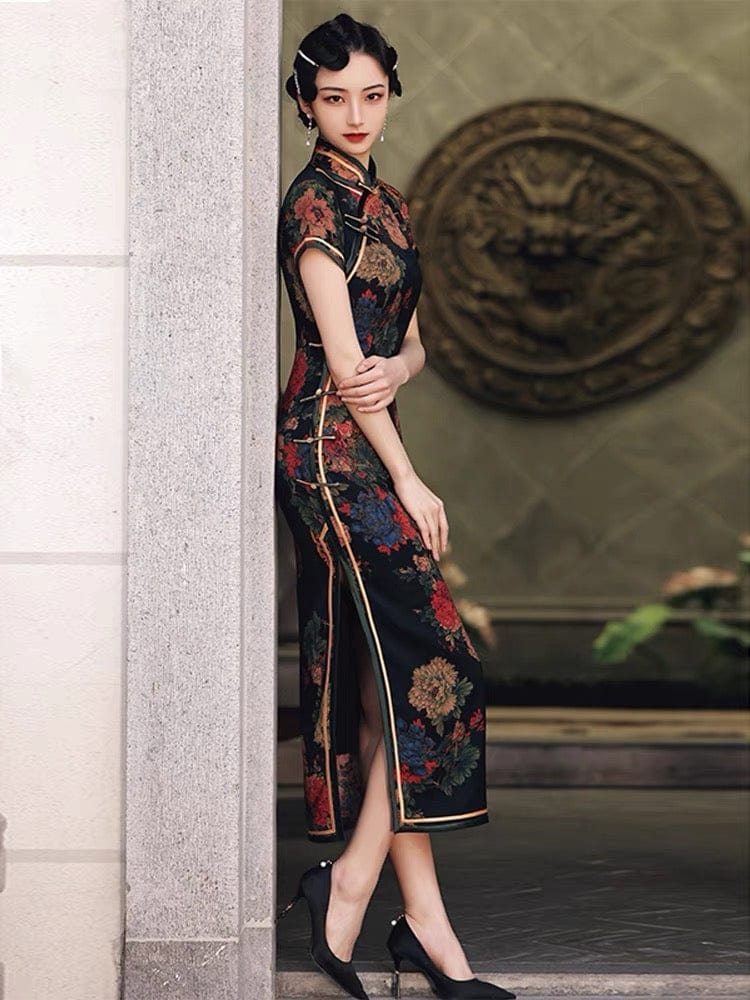 Aslinhanfu Classic Chinese style, floral pattern, silk long Qipao