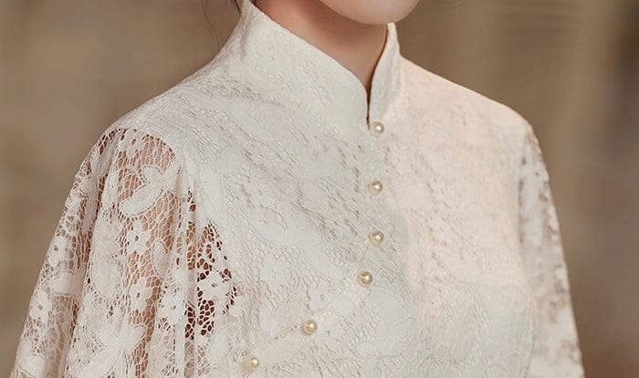 Aslinhanfu qipao Modern style, lace wedding Qipao with lotus leaf sleeves