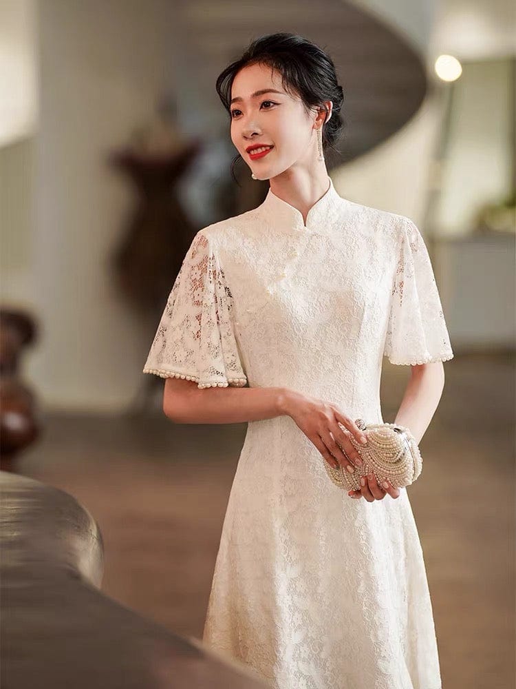 Aslinhanfu qipao Modern style, lace wedding Qipao with lotus leaf sleeves